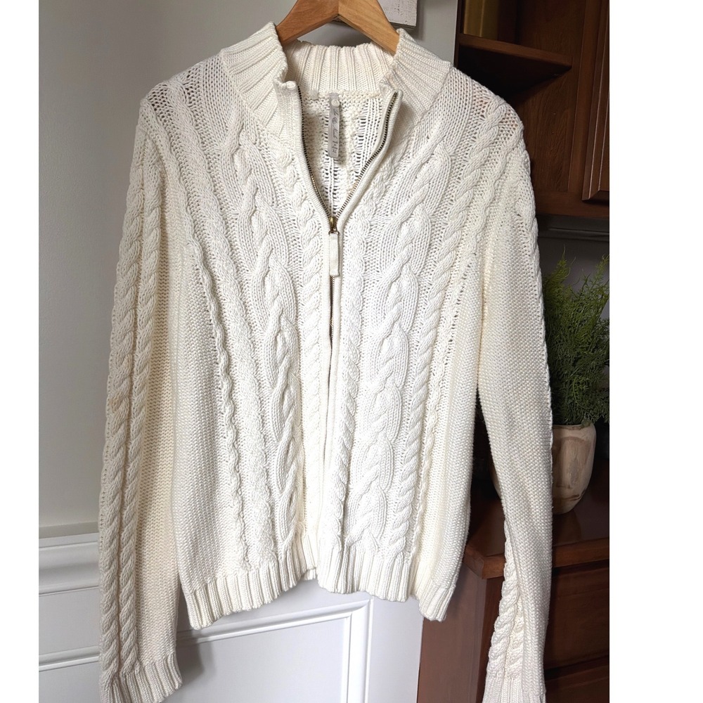 Fisherman Cream Cable Knit Cardigan Sweater XL 100% Cotton Zip Layering Heritage